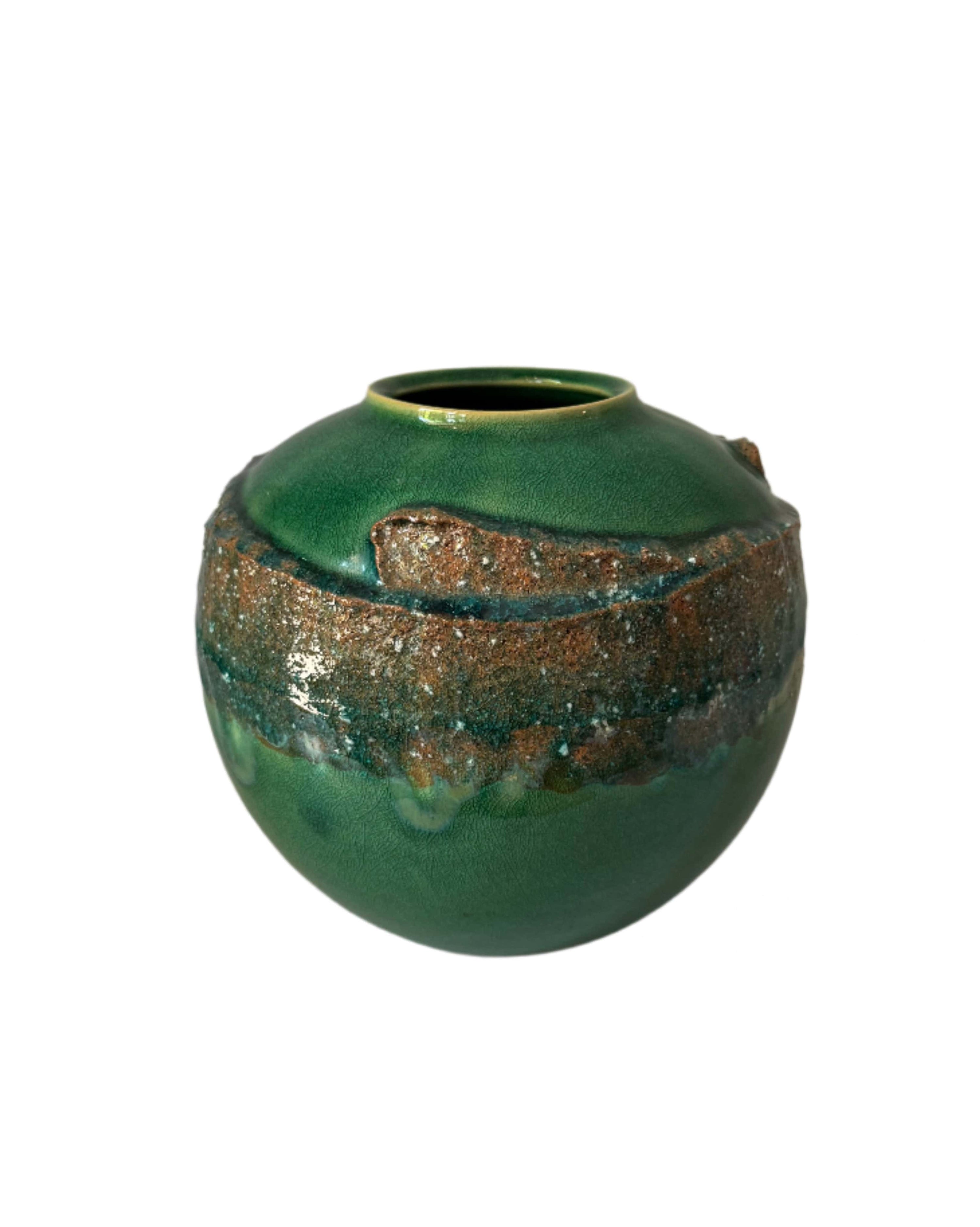 Ode Large green ceramic vase w/brown detail La Bomba Floristry Vancouver Canada Large green ceramic vase w/brown detail